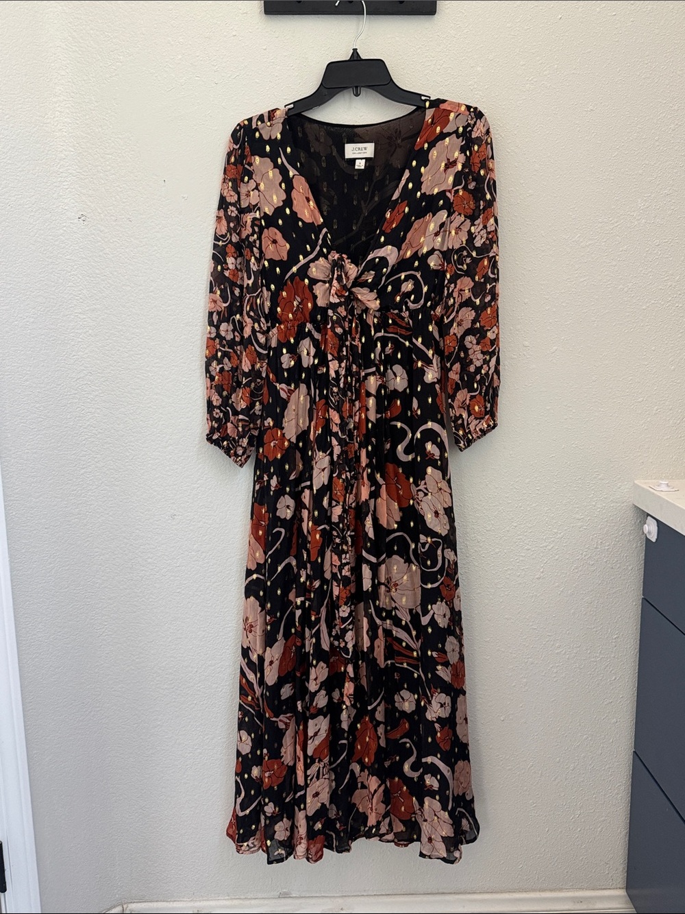 J Crew Black Floral Maxi Dress with Rust and Blush Accents